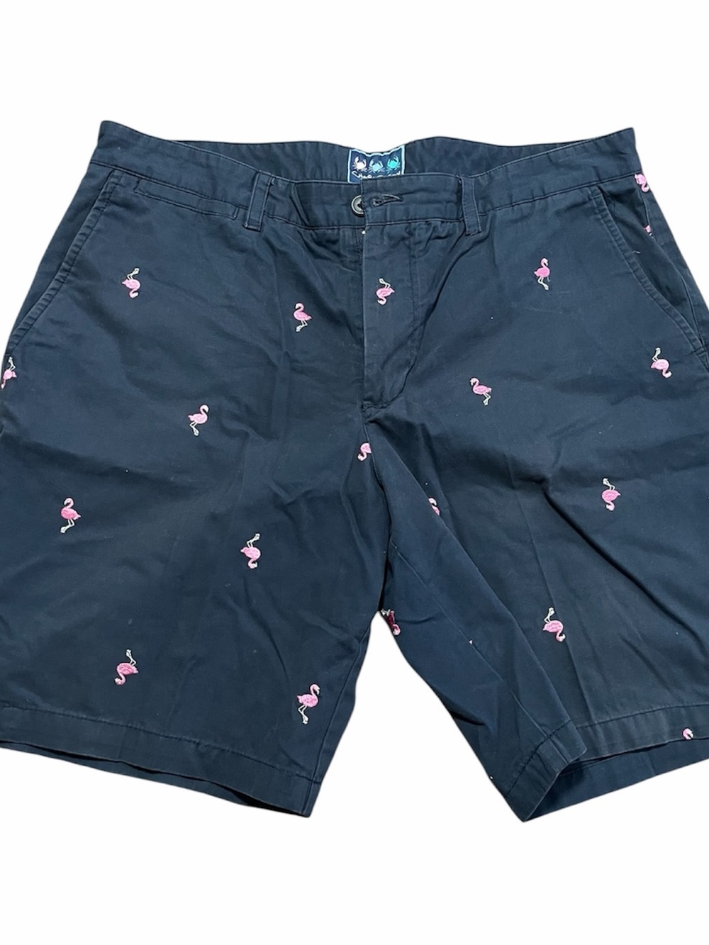 Charleston Threads Men Navy Shorts Pink Flamingo Embroidery Size 38 Preppy Beach